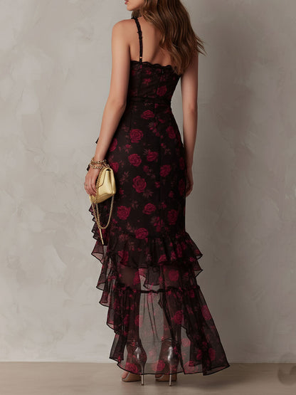 Robe Chic Noire et Rouge Florale Fronces et Ourlet À Volants