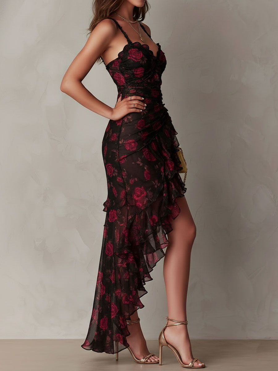 Robe Chic Noire et Rouge Florale Fronces et Ourlet À Volants
