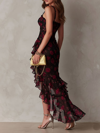 Robe Chic Noire et Rouge Florale Fronces et Ourlet À Volants