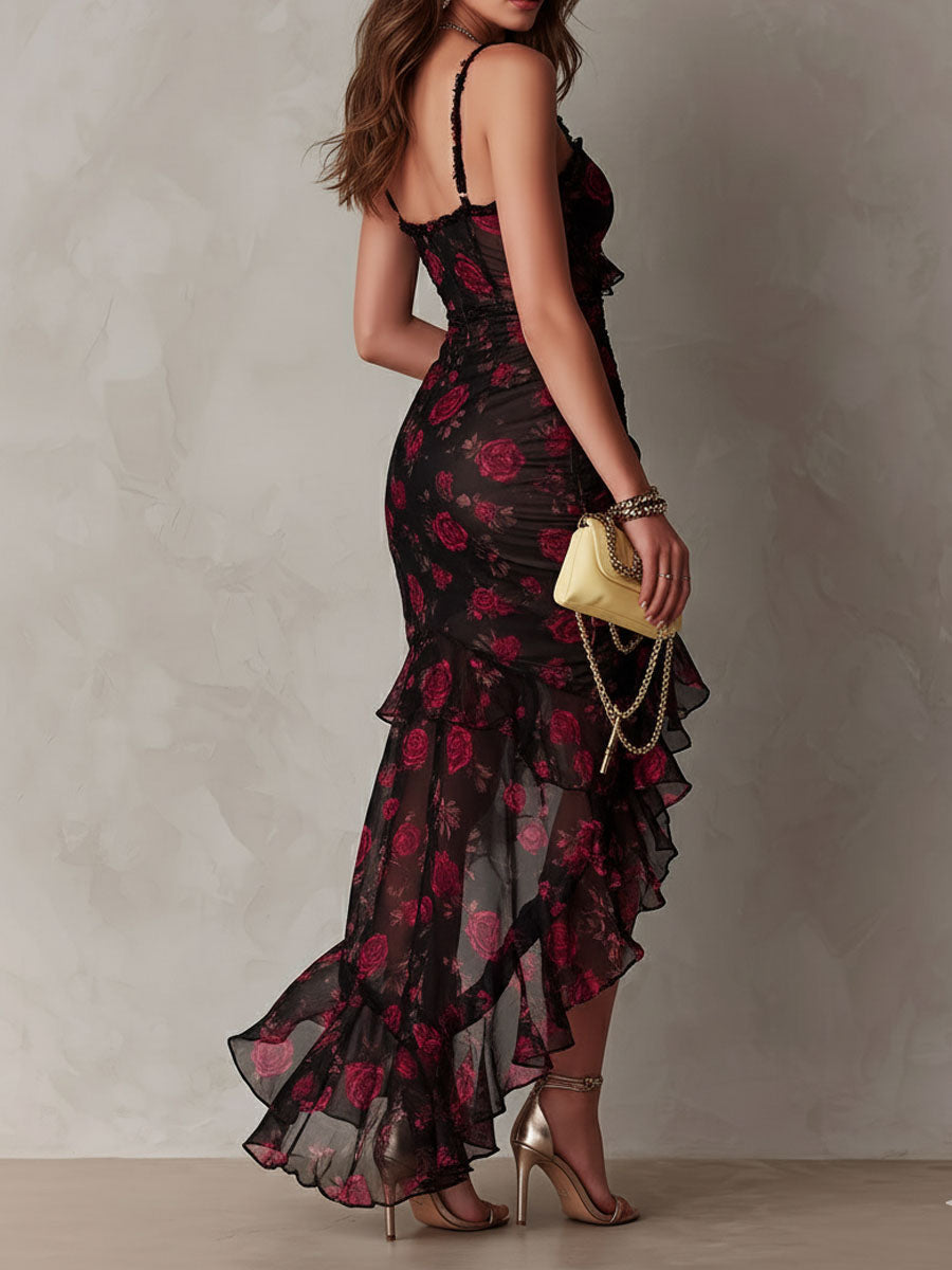 Robe Chic Noire et Rouge Florale Fronces et Ourlet À Volants