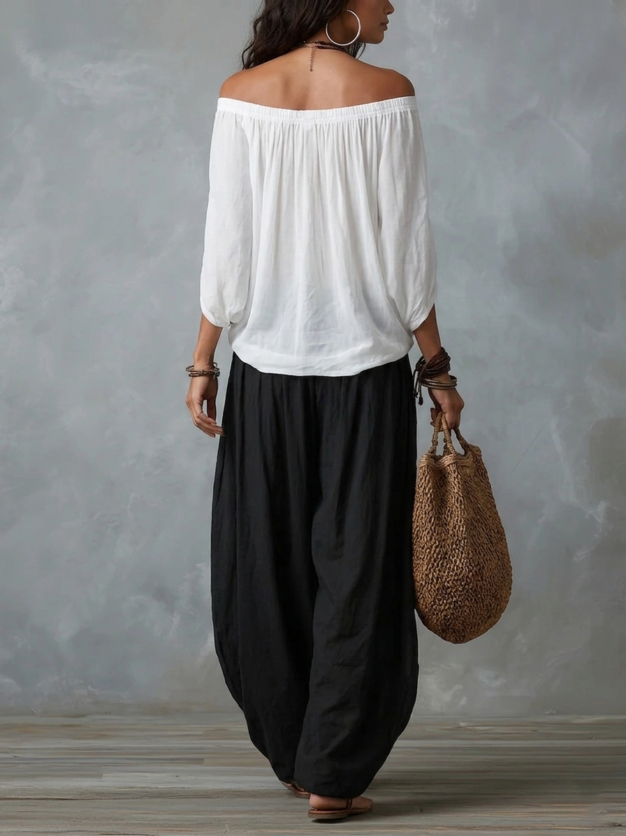 Ensemble Blanc Top Épaules Dénudées et Pantalon Lanterne Ample