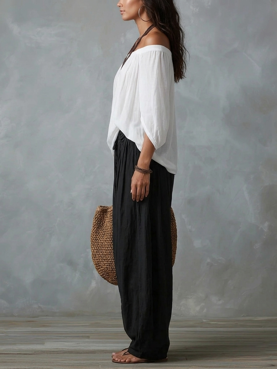 Ensemble Blanc Top Épaules Dénudées et Pantalon Lanterne Ample