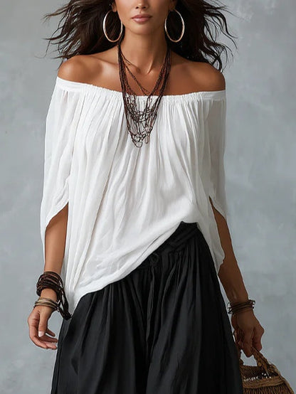Ensemble Blanc Top Épaules Dénudées et Pantalon Lanterne Ample