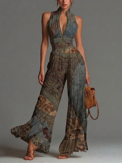Combinaison Boho Imprimé Ethnique Sans Manches Mousseline Jambes Larges Plissée