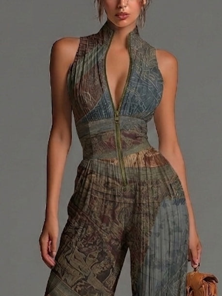 Combinaison Boho Imprimé Ethnique Sans Manches Mousseline Jambes Larges Plissée