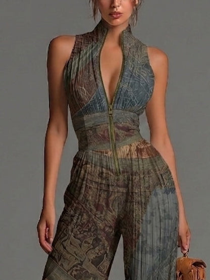 Combinaison Boho Imprimé Ethnique Sans Manches Mousseline Jambes Larges Plissée