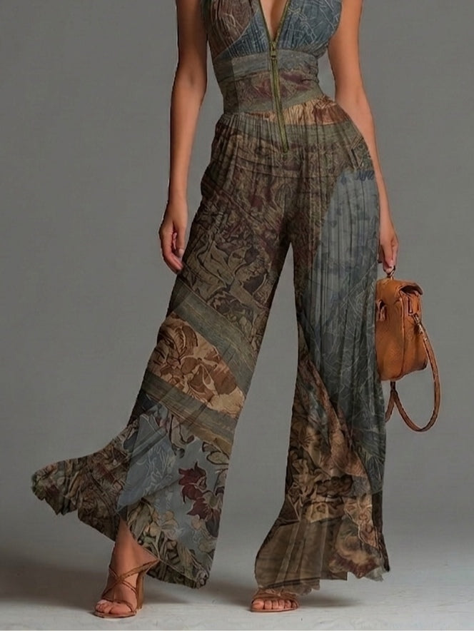 Combinaison Boho Imprimé Ethnique Sans Manches Mousseline Jambes Larges Plissée