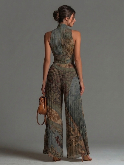 Combinaison Boho Imprimé Ethnique Sans Manches Mousseline Jambes Larges Plissée
