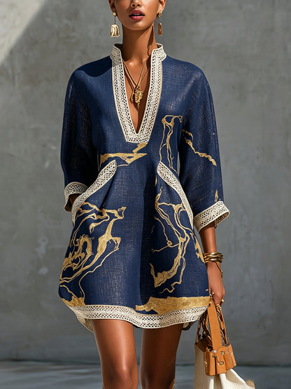 Donatella | Mini Robe Noire avec Imprimé Marbre Doré et Détails en Dentelle Crochet