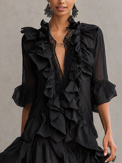 Anaïs | Robe Mini en Mousseline Noire à Volants