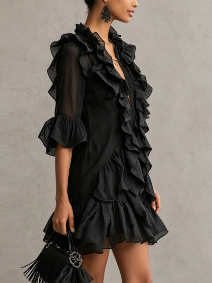 Anaïs | Robe Mini en Mousseline Noire à Volants