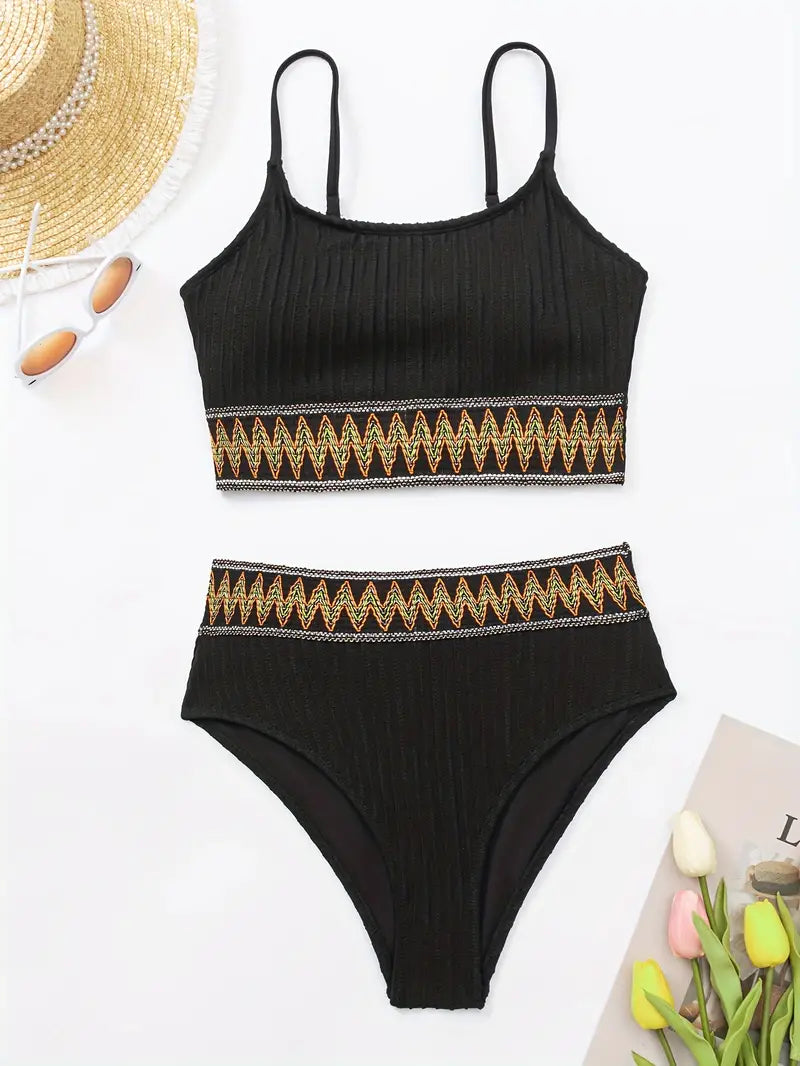 Bikini à Côtes - Haut et Slip Taille Haute