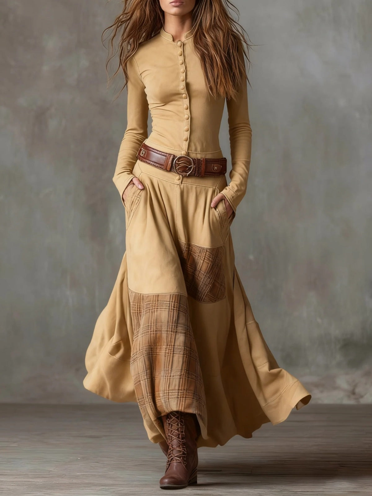 Élise | Robe longue en daim avec ceinture