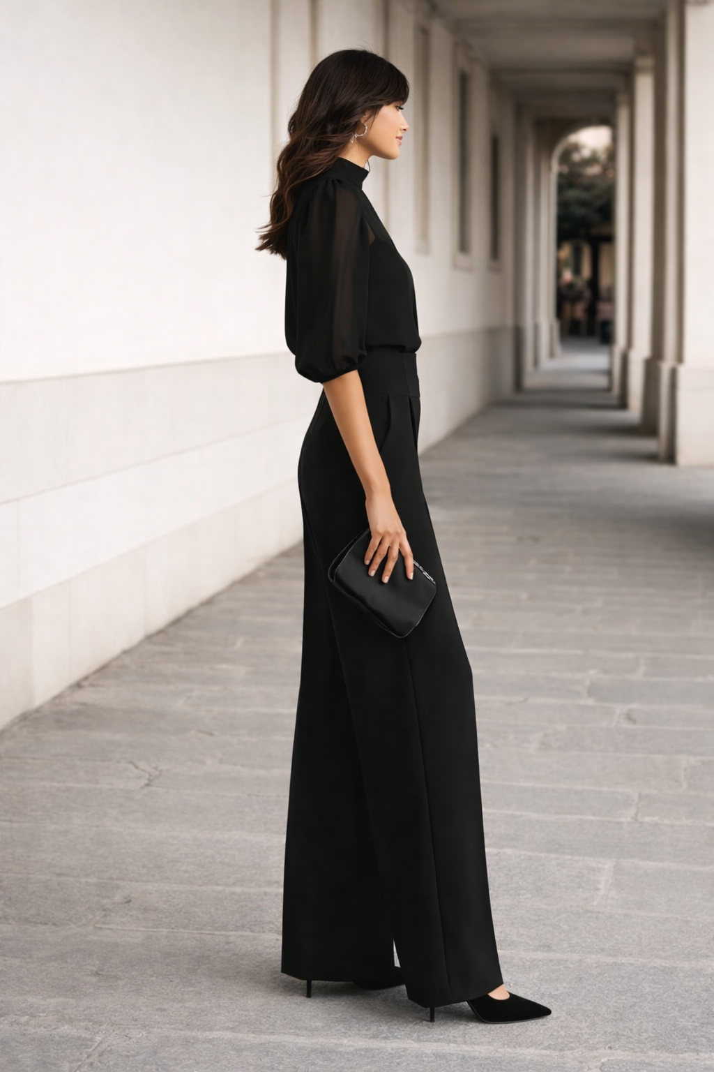 Valentina | Ensemble de trois pièces avec haut transparent et pantalon à jambes larges.