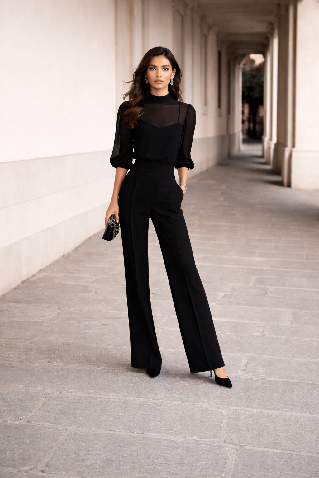 Valentina | Ensemble de trois pièces avec haut transparent et pantalon à jambes larges.