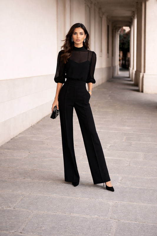 Valentina | Ensemble de trois pièces avec haut transparent et pantalon à jambes larges.