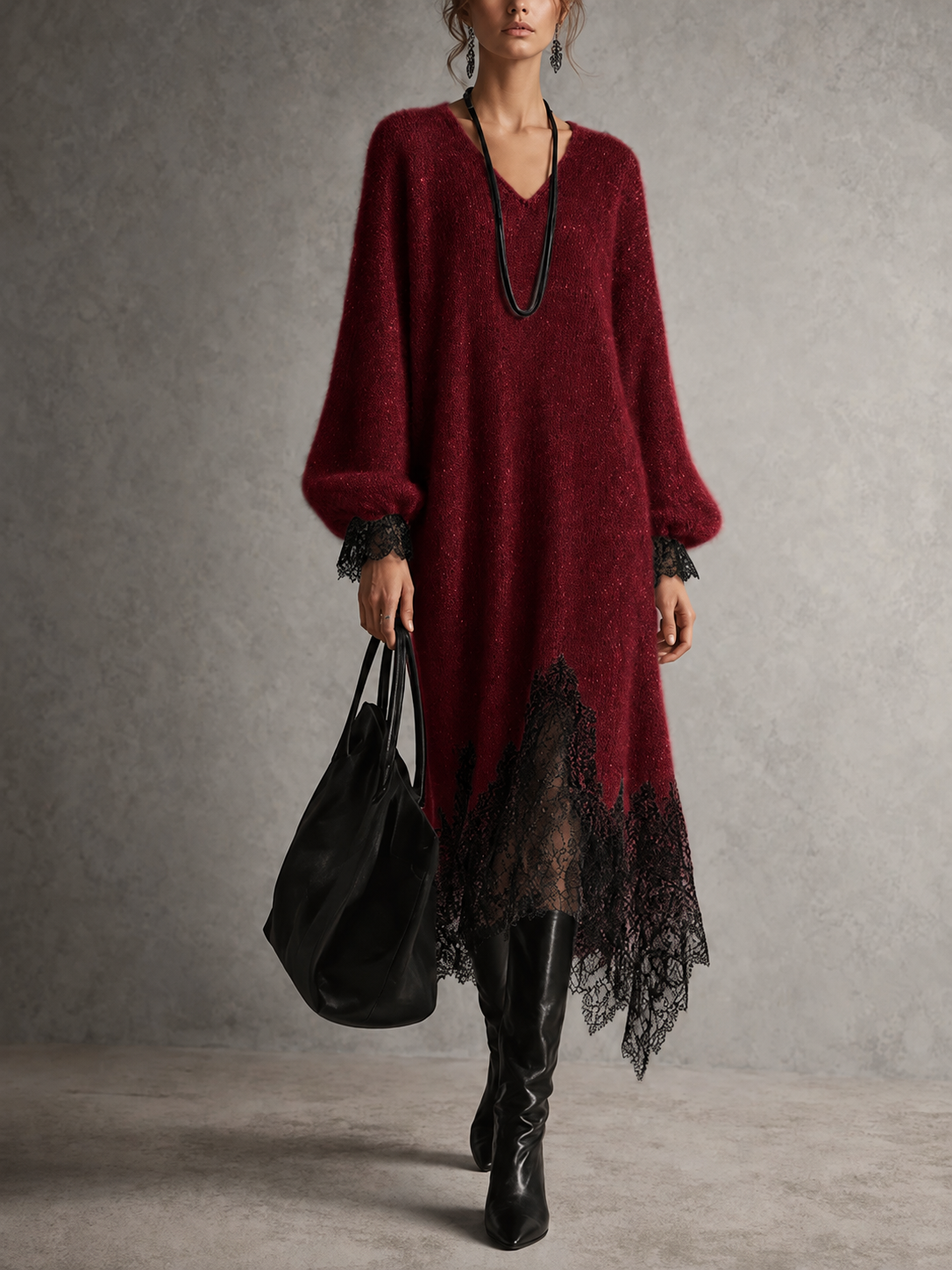 Robe midi grise en tricot avec dentelle à la base