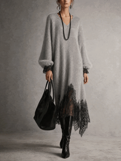 Robe midi grise en tricot avec dentelle à la base