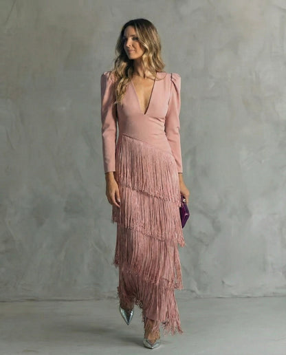Clara | Robe midi élégante à manches frangées