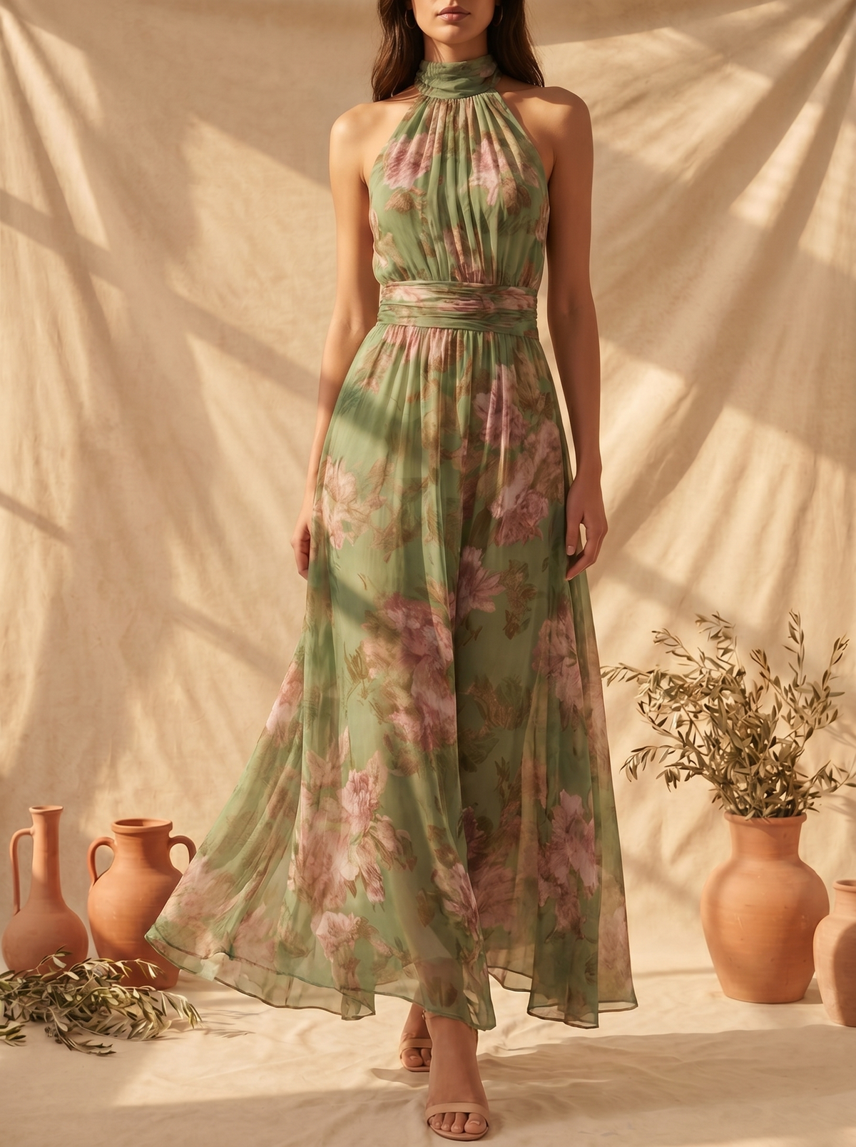 Lidia | Élégante Robe Maxi Halter à Motif Floral