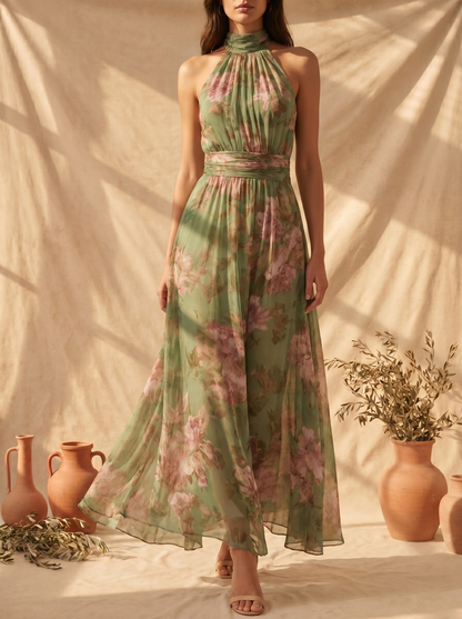 Lidia | Élégante Robe Maxi Halter à Motif Floral