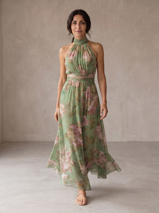 Lidia | Élégante Robe Maxi Halter à Motif Floral