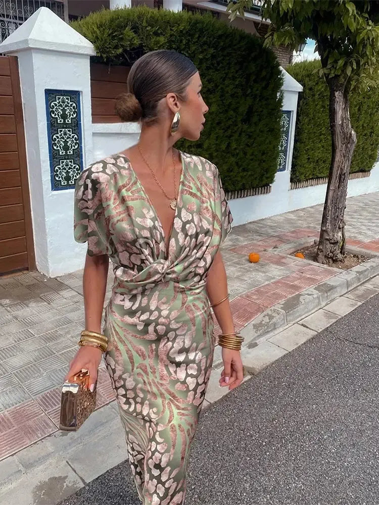 Higinia™ | Robe Midi Imprimée aux Teintes Cuivrées