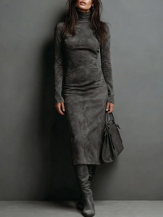 Lorène | Robe midi en suède marron