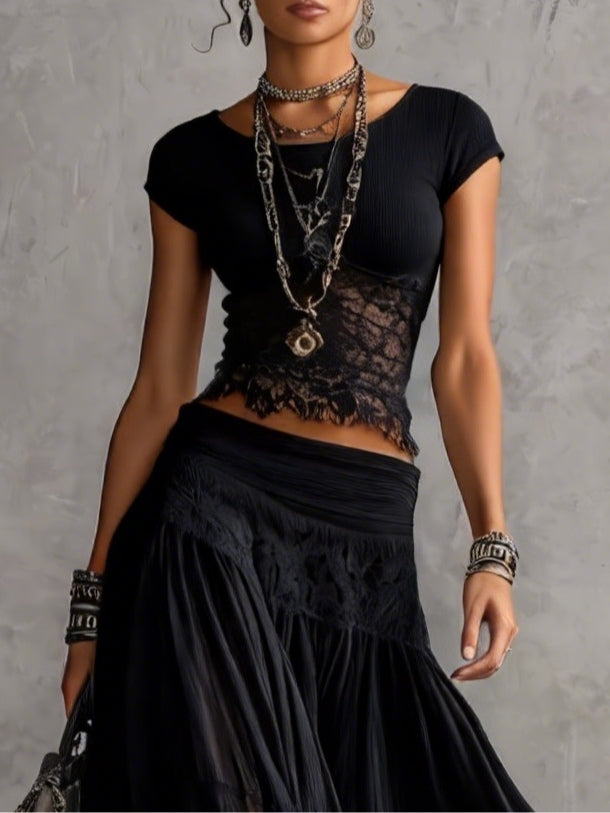 Ensemble Noir Top en Dentelle Transparente et Jupe Maxi Plissée