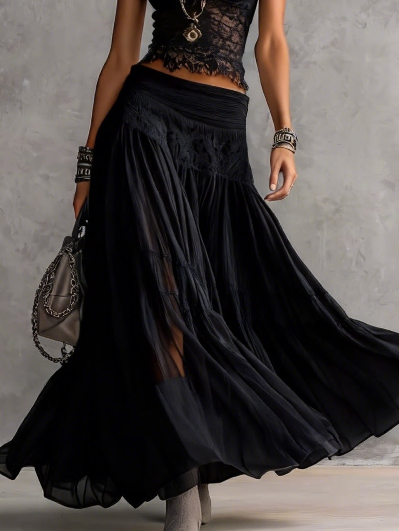 Ensemble Noir Top en Dentelle Transparente et Jupe Maxi Plissée