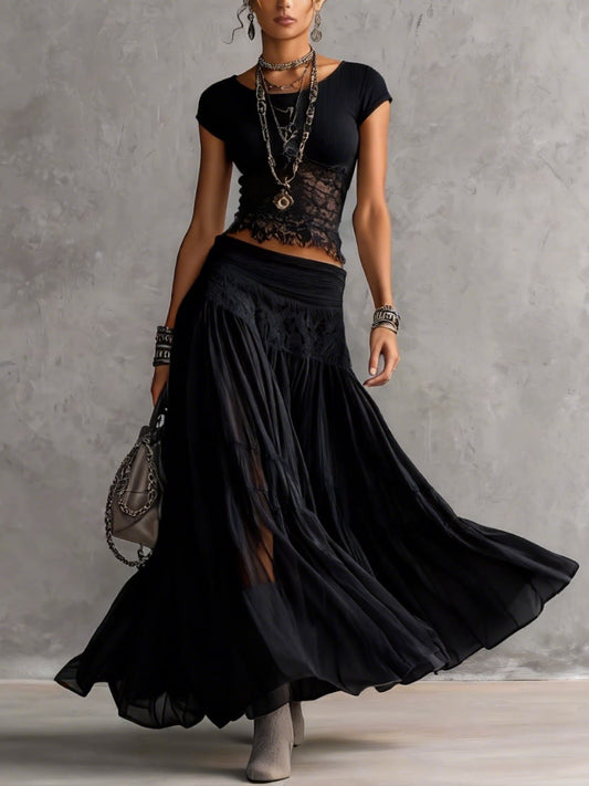 Ensemble Noir Top en Dentelle Transparente et Jupe Maxi Plissée