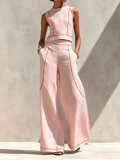 Inés Ensemble Deux Pièces avec Pantalon Palazzo et Accents Contrastants