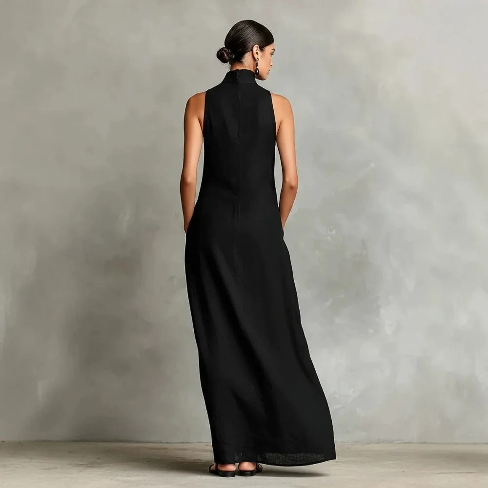 Robe Longue Ample Sans Manches Marina avec Col Haut