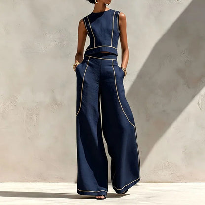 Inés Ensemble Deux Pièces avec Pantalon Palazzo et Accents Contrastants