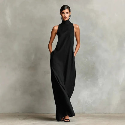 Robe Longue Ample Sans Manches Marina avec Col Haut