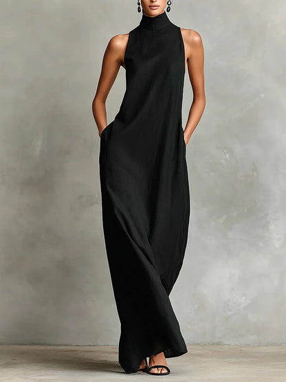 Robe Longue Ample Sans Manches Marina avec Col Haut