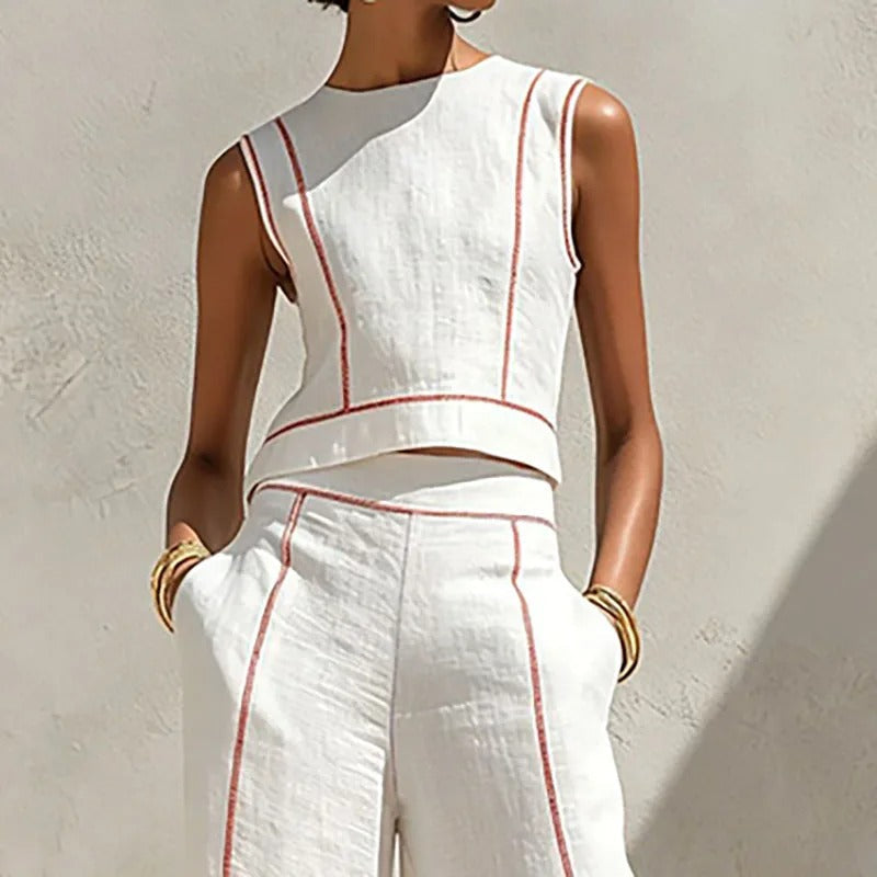 Inés Ensemble Deux Pièces avec Pantalon Palazzo et Accents Contrastants