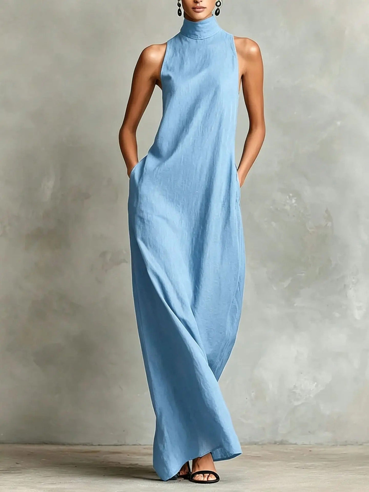 Robe Longue Ample Sans Manches Marina avec Col Haut