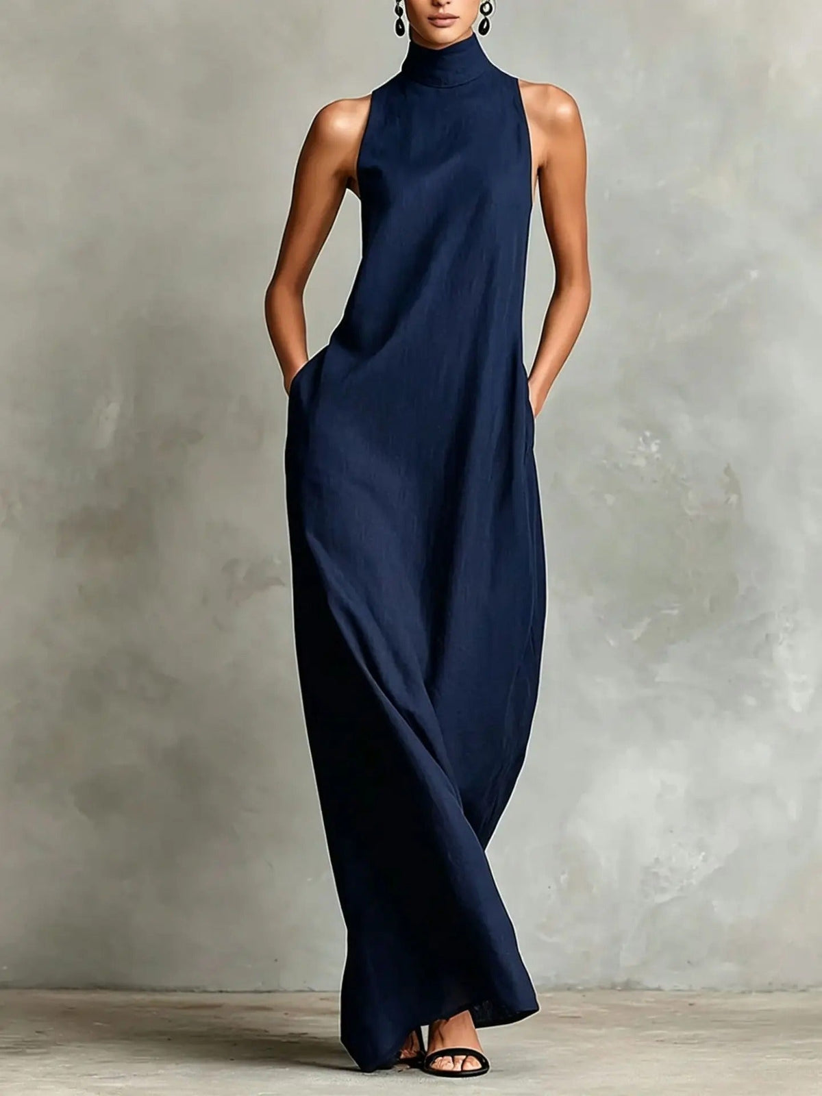Robe Longue Ample Sans Manches Marina avec Col Haut