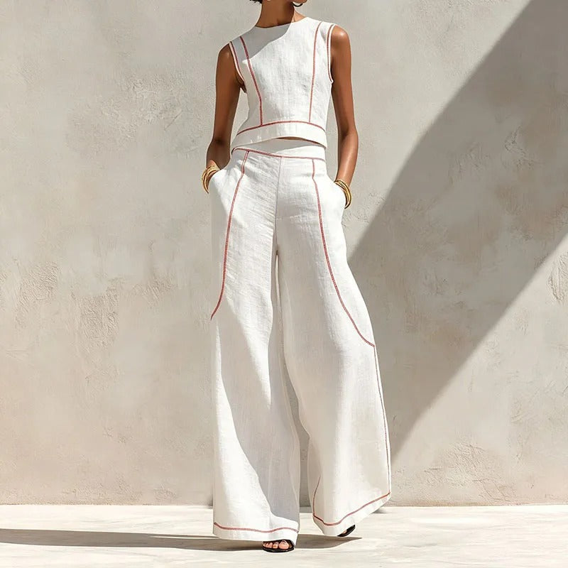 Inés Ensemble Deux Pièces avec Pantalon Palazzo et Accents Contrastants