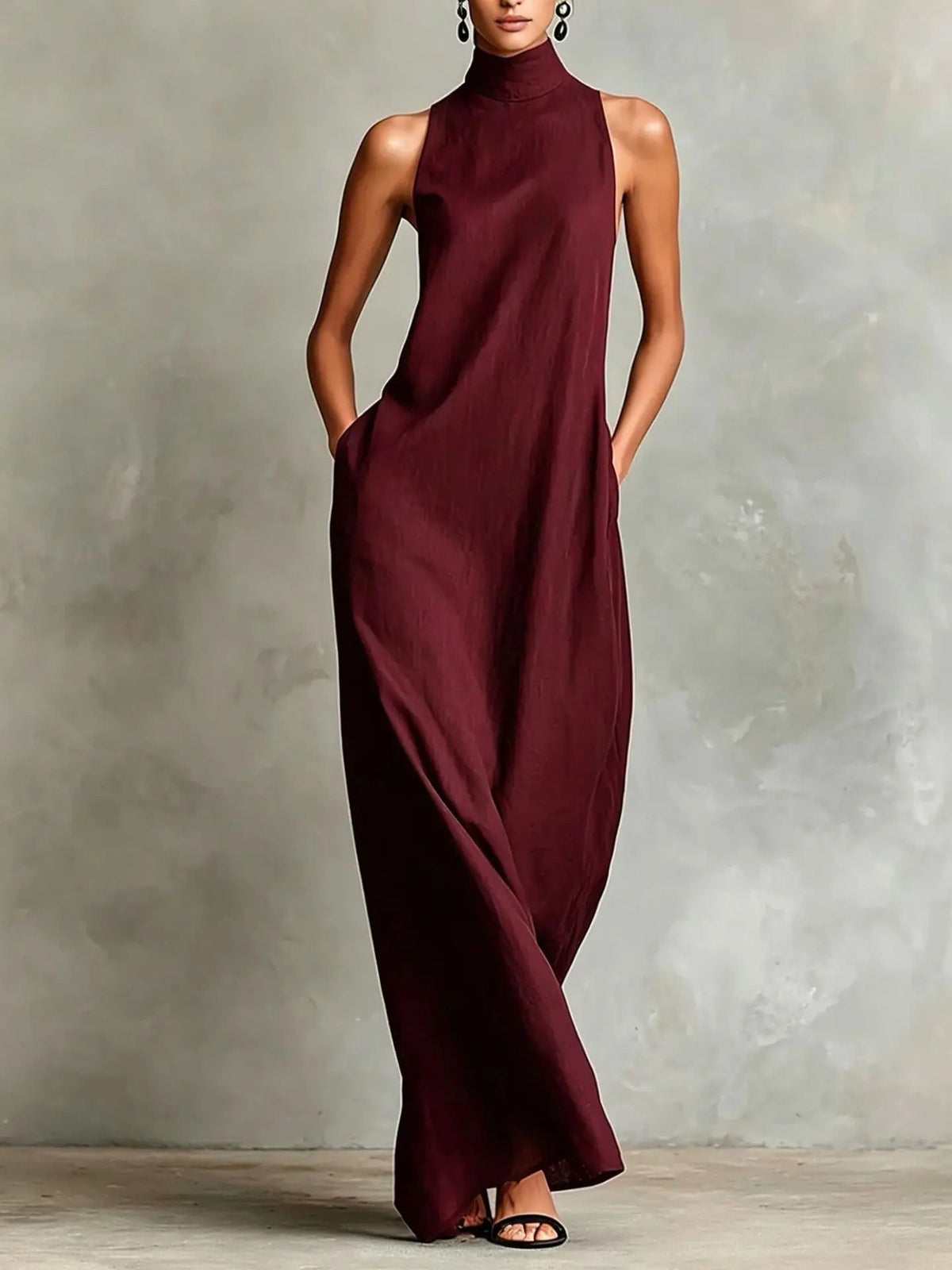 Robe Longue Ample Sans Manches Marina avec Col Haut