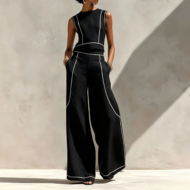Inés Ensemble Deux Pièces avec Pantalon Palazzo et Accents Contrastants