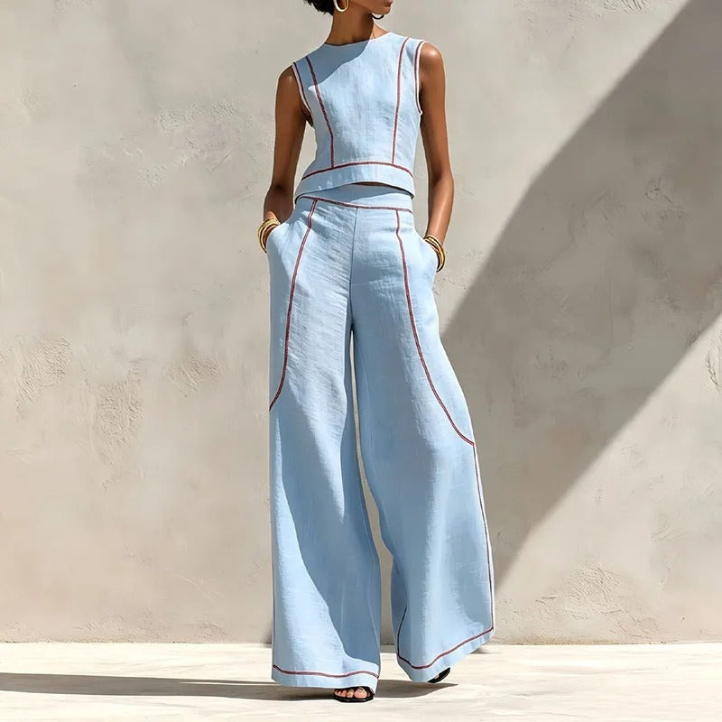 Inés Ensemble Deux Pièces avec Pantalon Palazzo et Accents Contrastants
