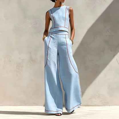 Inés Ensemble Deux Pièces avec Pantalon Palazzo et Accents Contrastants