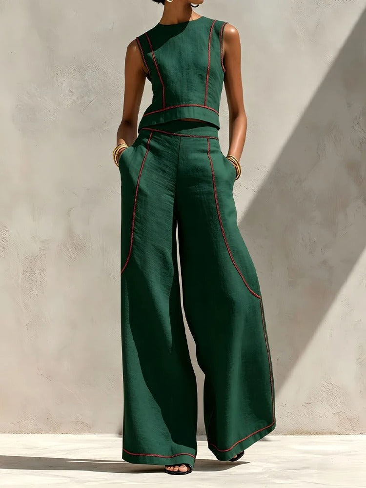 Inés Ensemble Deux Pièces avec Pantalon Palazzo et Accents Contrastants