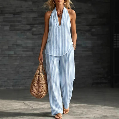 Sofía Ensemble Effet Lin : Top Halter et Pantalon Large Rayé