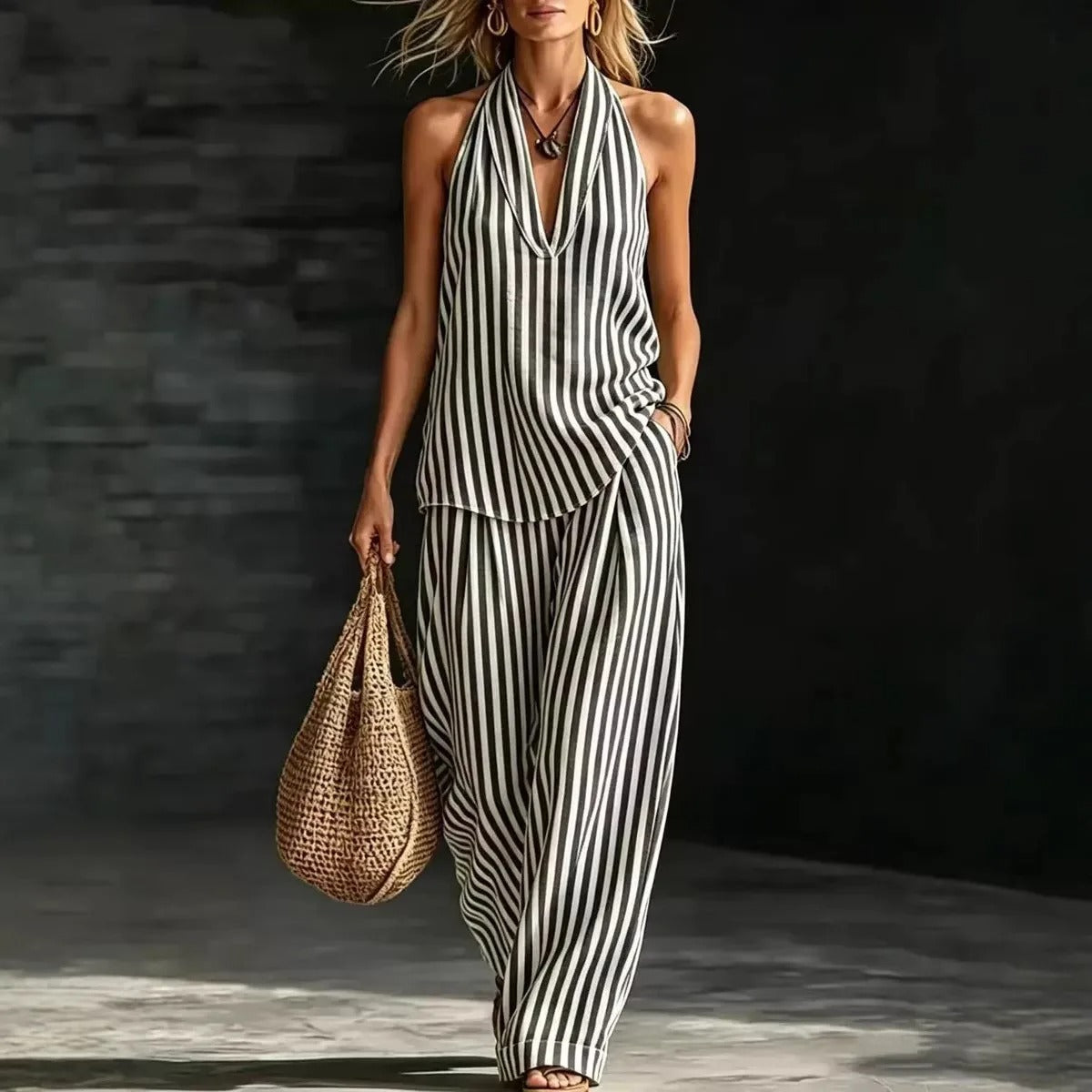 Sofía Ensemble Effet Lin : Top Halter et Pantalon Large Rayé