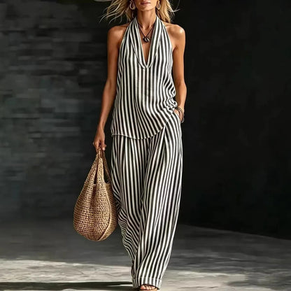Sofía Ensemble Effet Lin : Top Halter et Pantalon Large Rayé