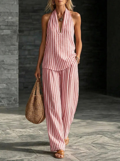Sofía Ensemble Effet Lin : Top Halter et Pantalon Large Rayé