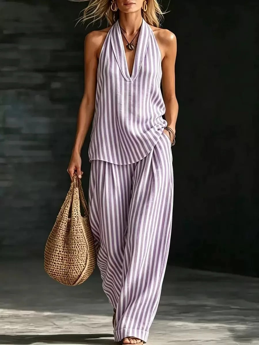 Sofía Ensemble Effet Lin : Top Halter et Pantalon Large Rayé